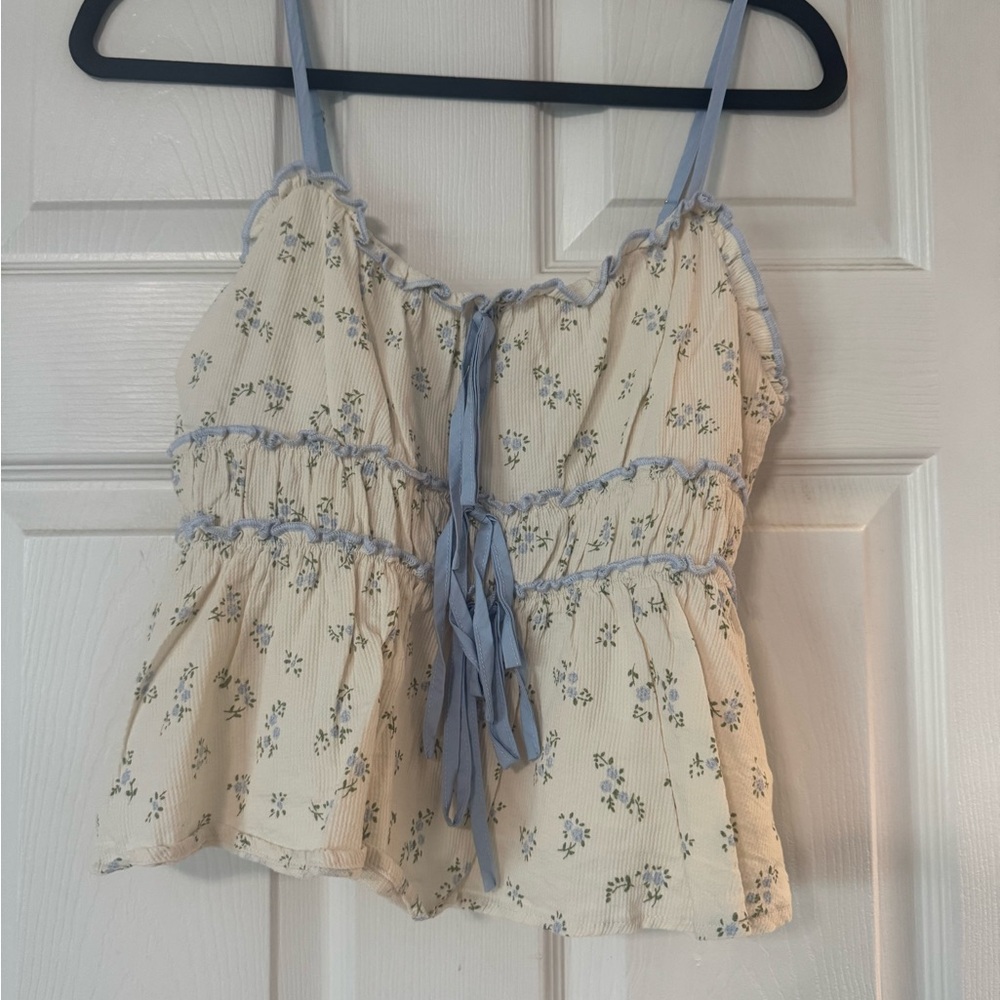 Chic Floral Cream and Blue Tank Top